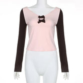 Bowknot contrast patchwork long sleeve v neck top